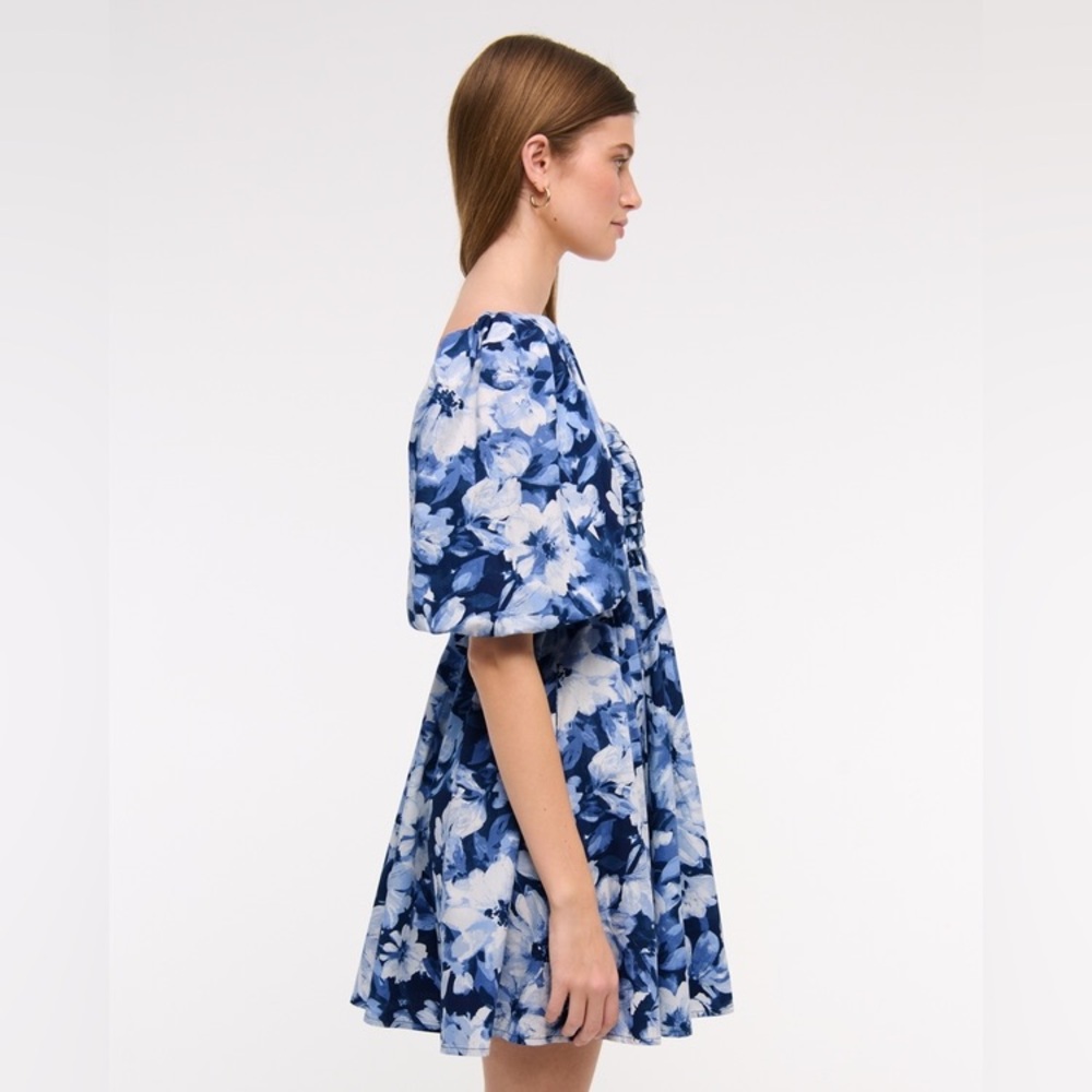 Abercrombie & Fitch Emerson Poplin Puff Sleeve Blue floral Mini Dress Sz XXS - Picture 3 of 14